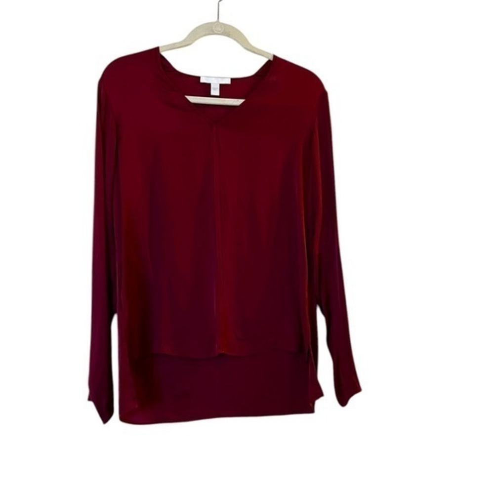 BOSS Hugo Boss Burgundy Wine Stretch Silk Long Sleeve High-Low V-Neck Blouse 4